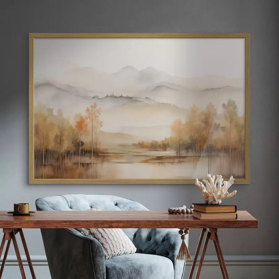 Fotobehang Landschap met zachte bergen met een kalm meer dat het landschap weerspiegelt en bomen met oranje gebladerte f42716