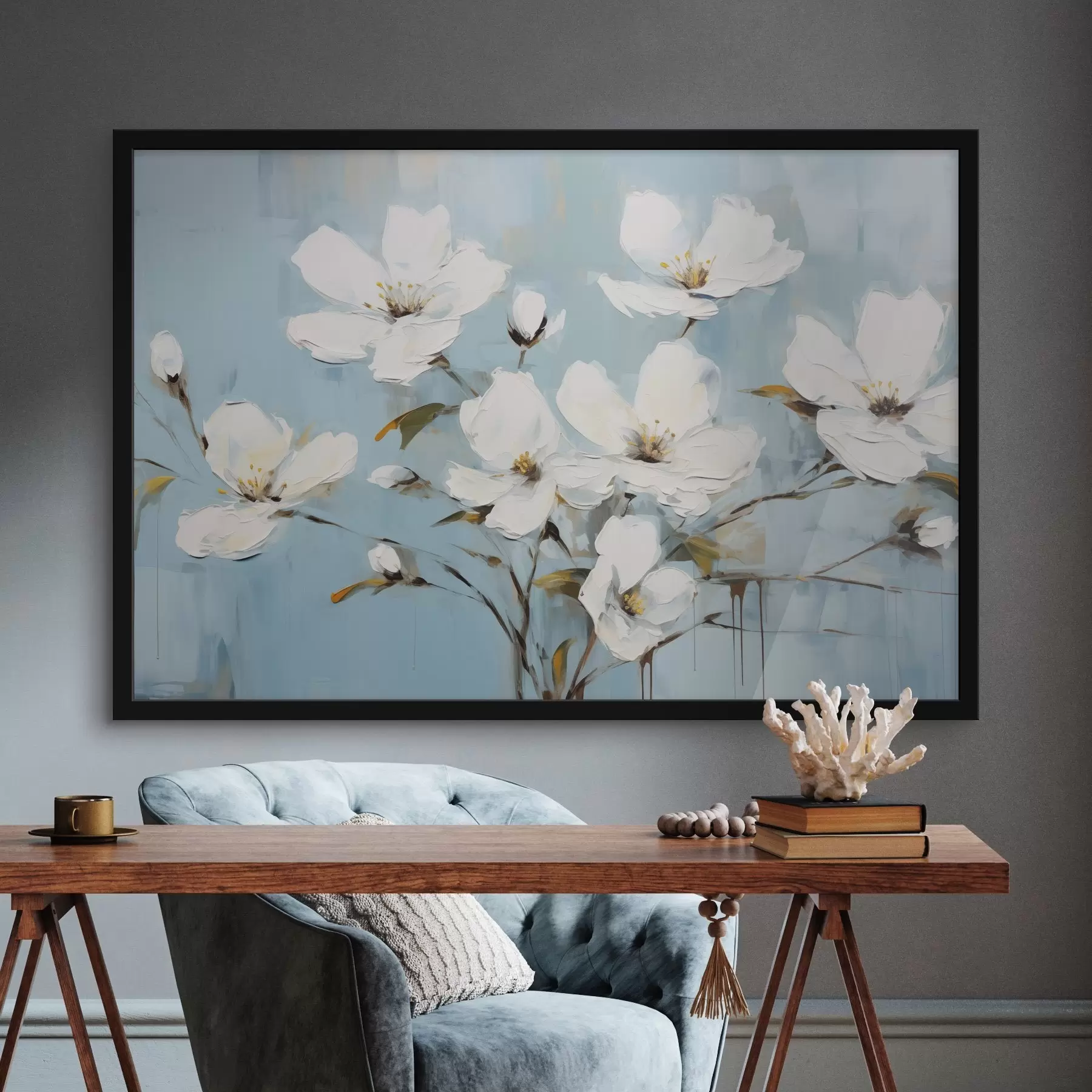 Fotobehang Witte bloemen met fijne bloemblaadjes en groene blaadjes tegen een lichtblauwe achtergrond olieverfschilderij imitatie f42719