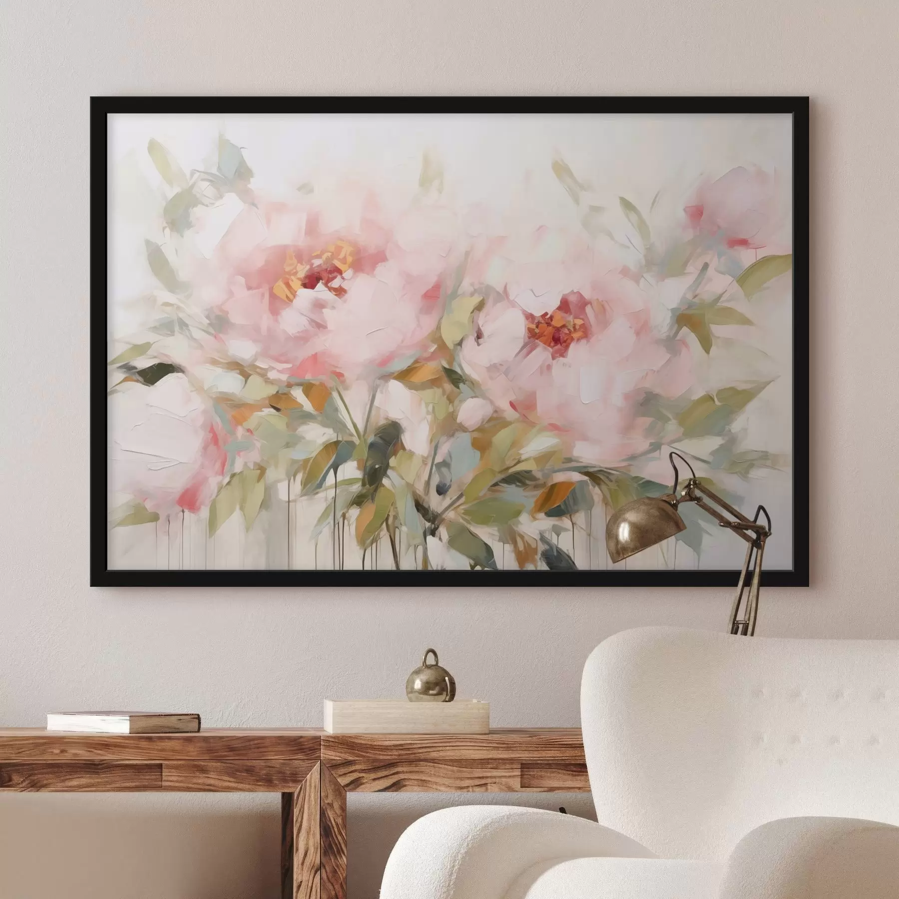  Schilderijen Olieverfschilderij imitatie van grote roze pioenrozen met zachte bloemblaadjes en gele hartjes, omringd door groene bladeren f42720