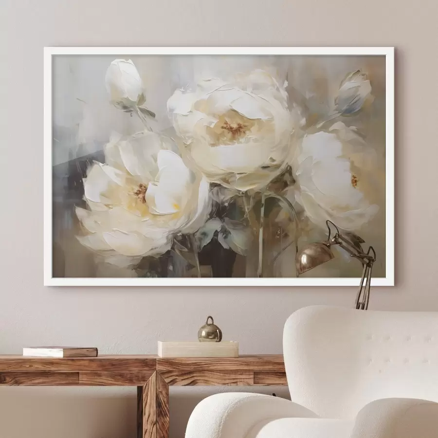 Fotobehang Witte pioenrozen imitatieschilderij f42752