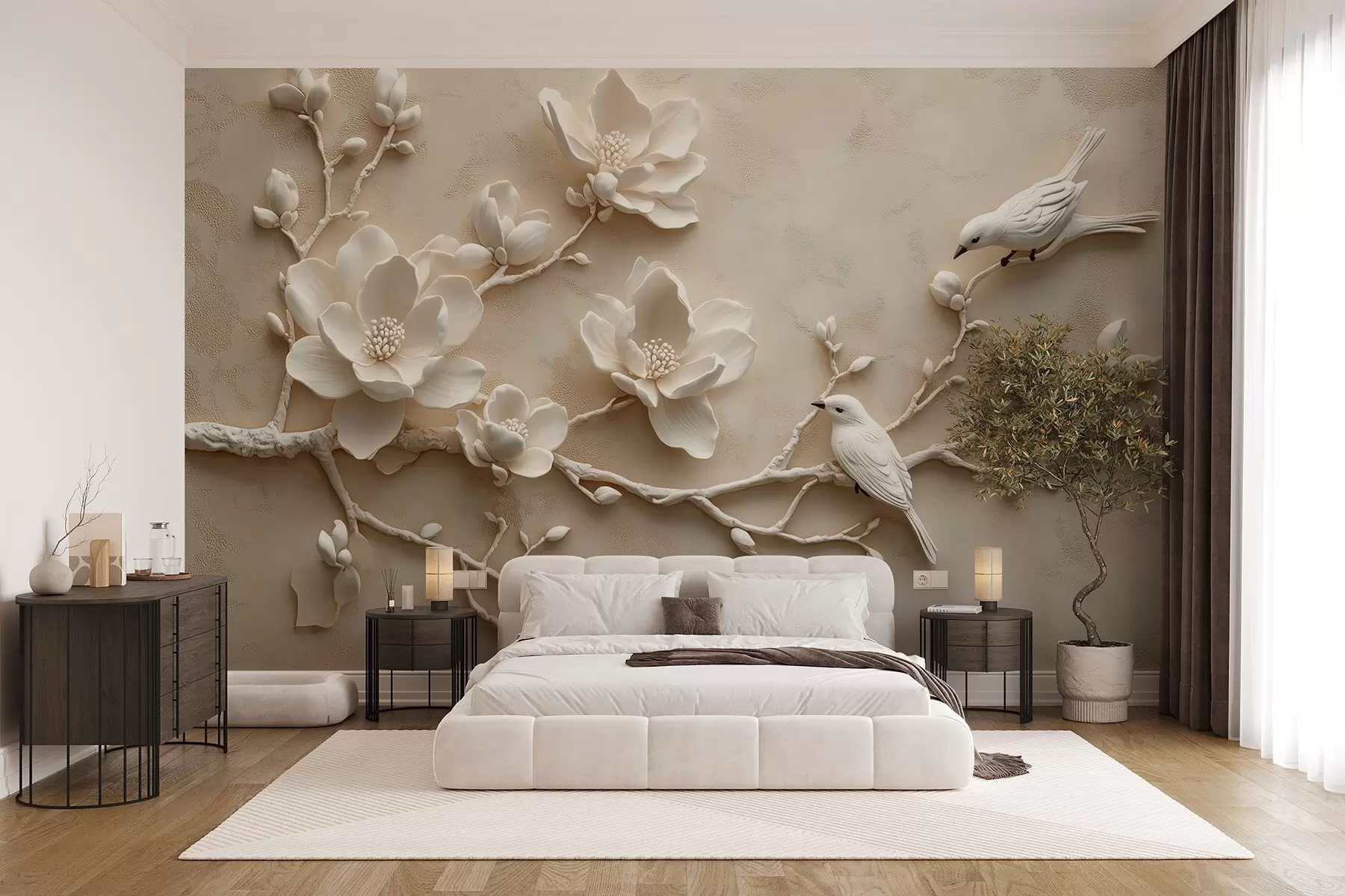 Fotobehang 3D magnolia takken met vogels erop w08690