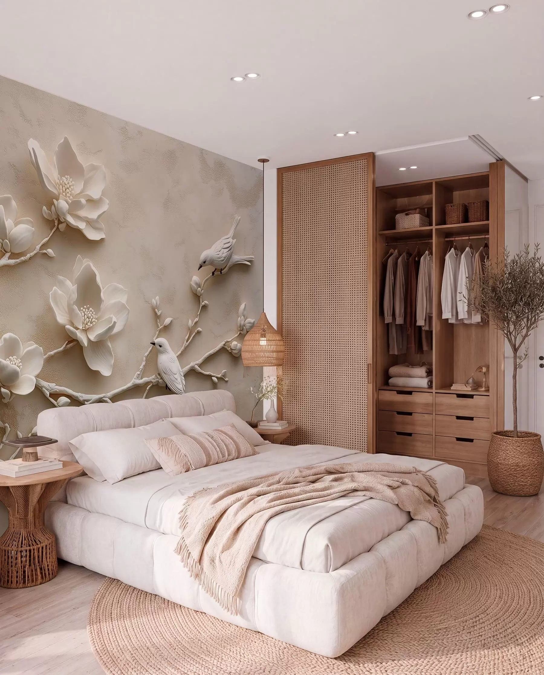 Fotobehang 3D magnolia takken met vogels erop w08690