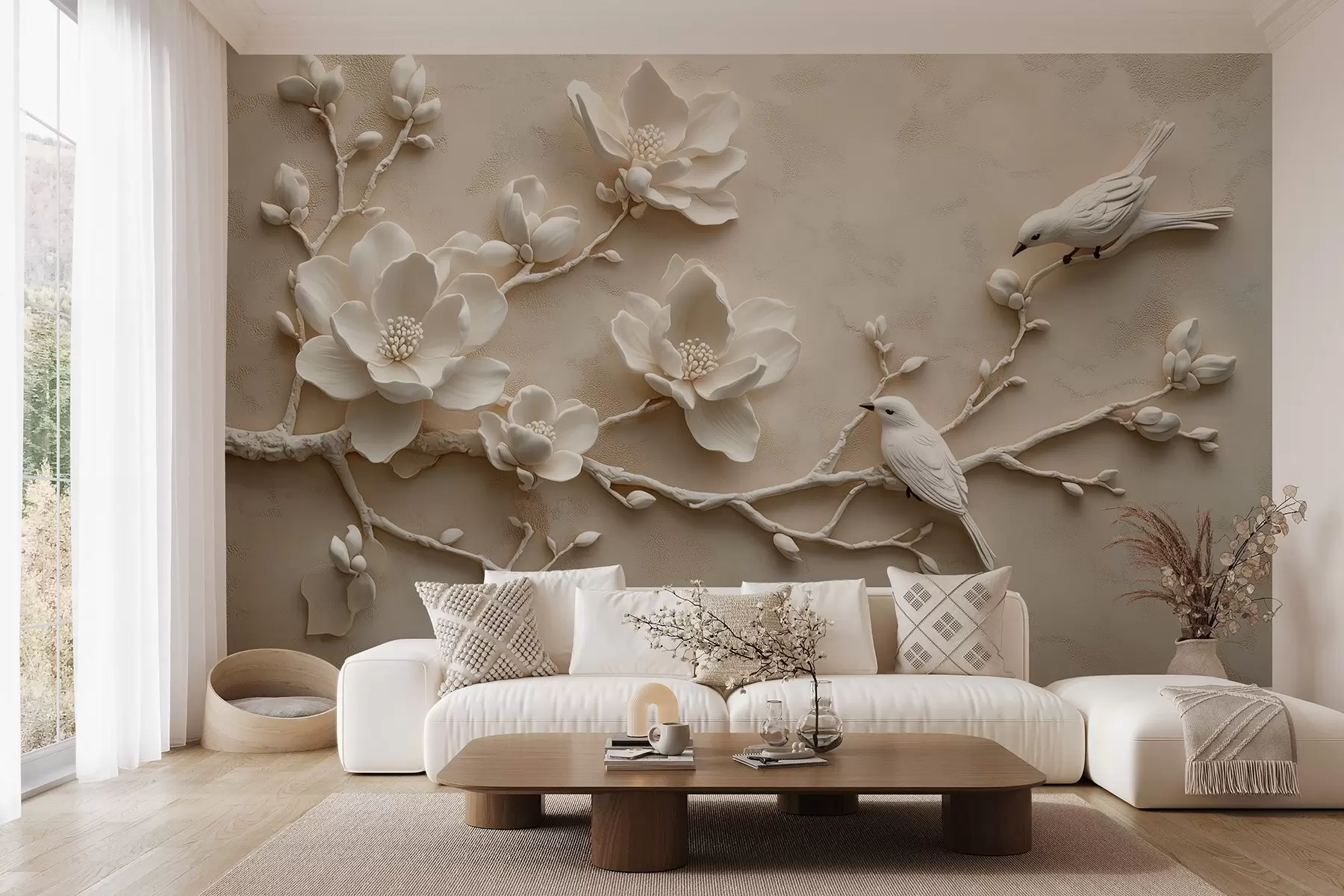 Fotobehang 3D magnolia takken met vogels erop w08690