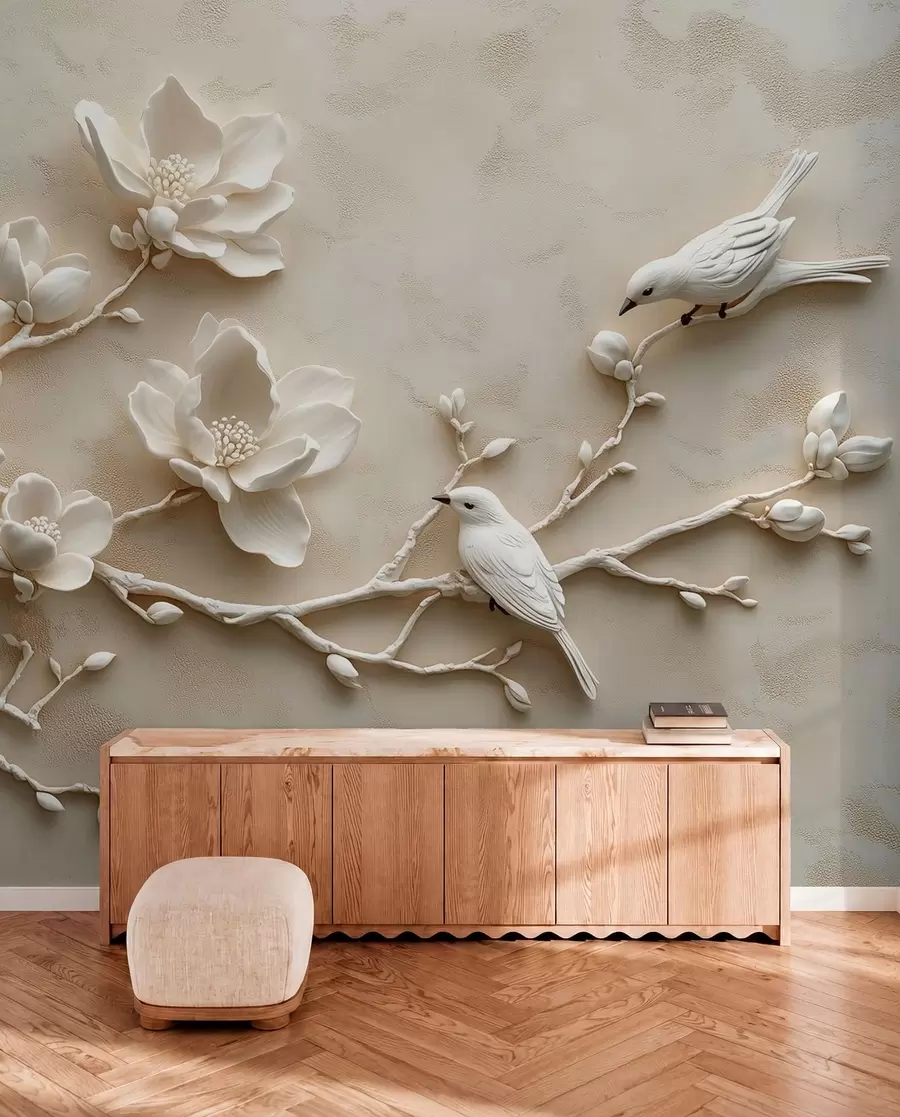 Fotobehang 3D magnolia takken met vogels erop w08690
