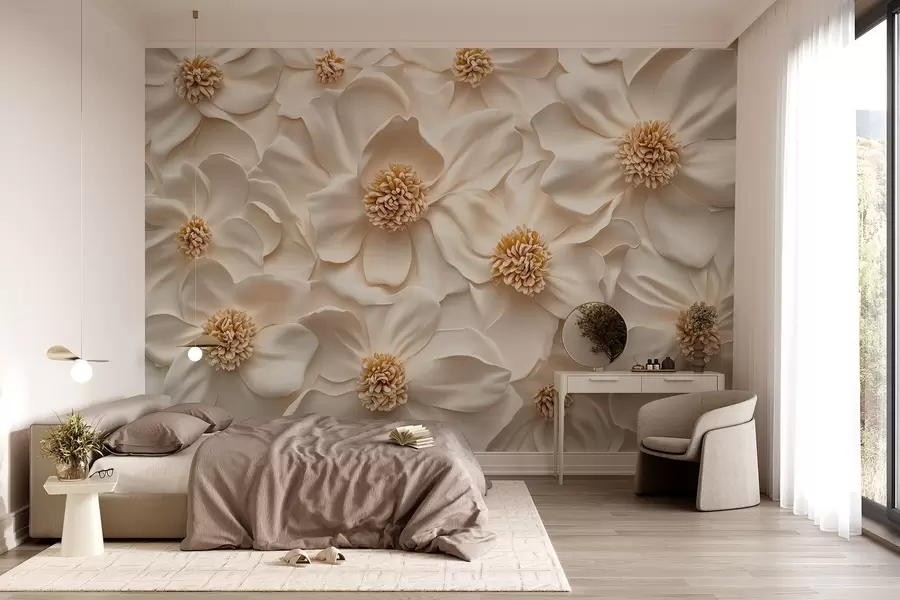 Fotobehang 3D beige bloemencompositie met gele accenten w08691