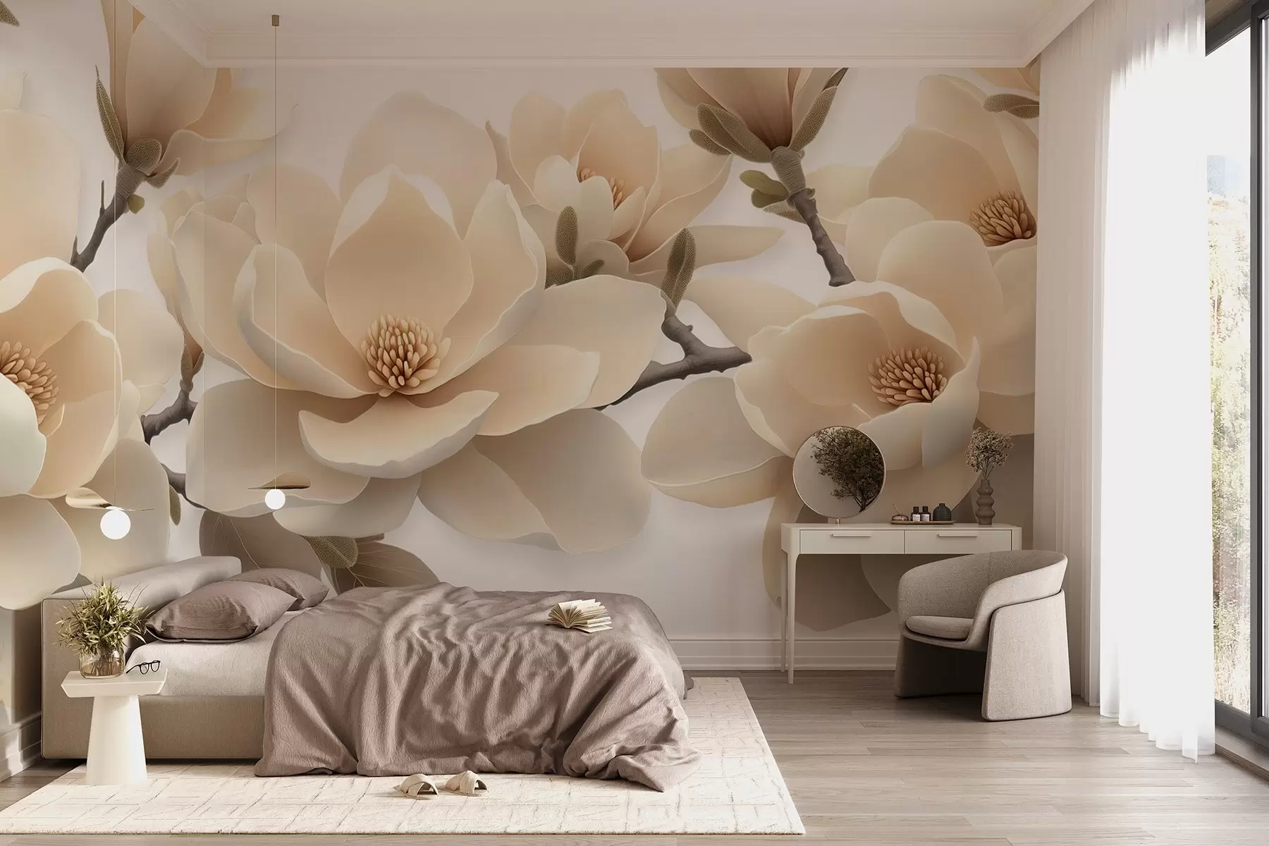 Fotobehang Beige bloeiende magnolia bloemen in een crèmekleurige tint op een witte achtergrond w08692