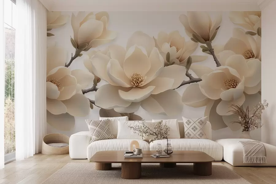 Fotobehang Beige bloeiende magnolia bloemen in een crèmekleurige tint op een witte achtergrond w08692