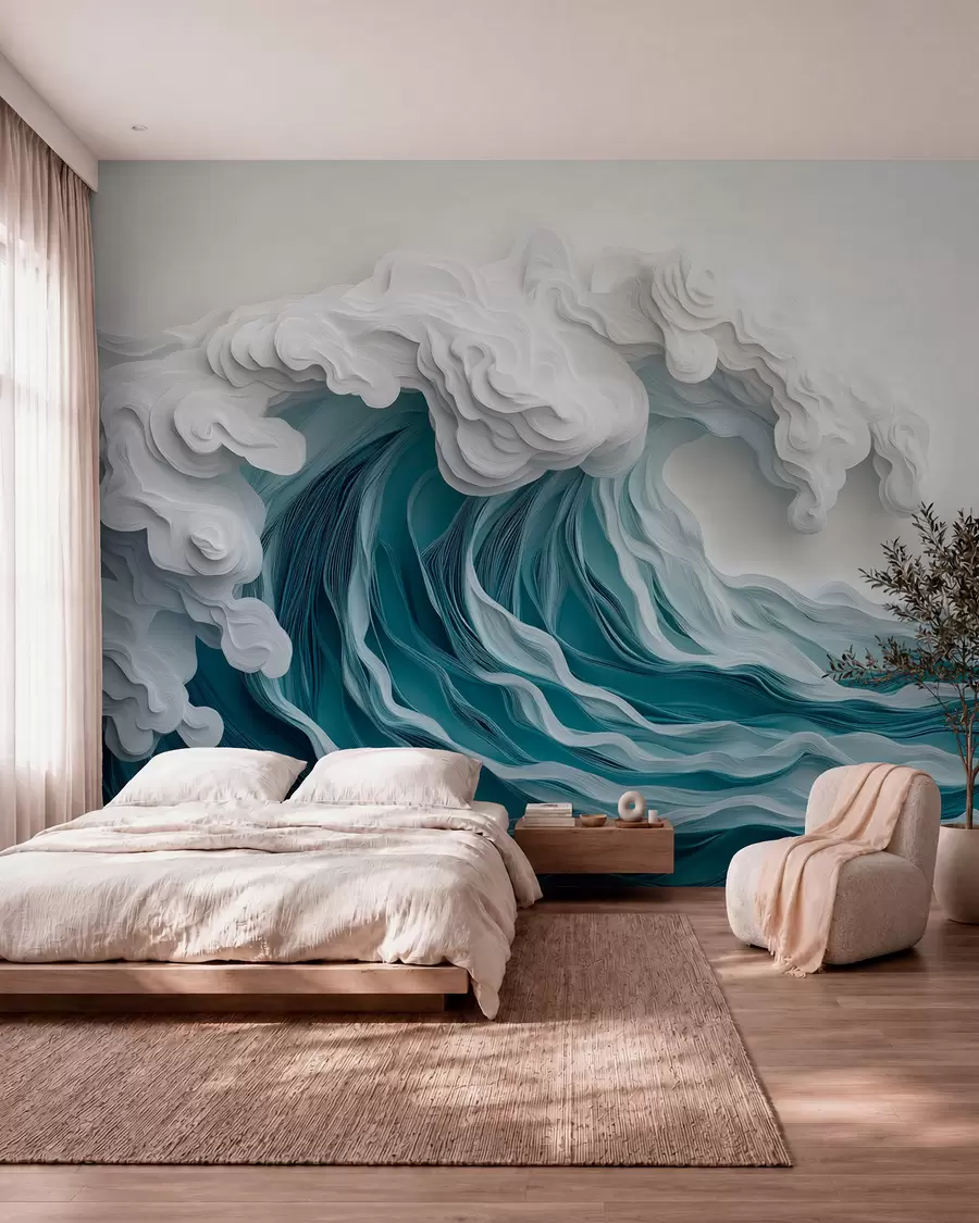 Fotobehang Schuimende oceaangolf in een papierknipstijl w08694