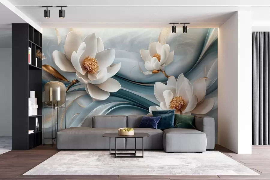 Fotobehang Magnolia bloemen gecombineerd met blauwe, witte en gele tinten met abstracte golven w08695
