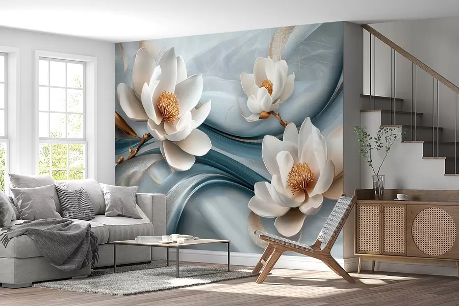 Fotobehang Magnolia bloemen gecombineerd met blauwe, witte en gele tinten met abstracte golven w08695