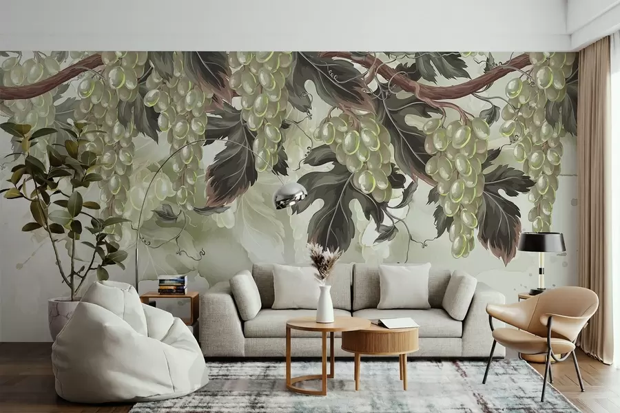 Fotobehang Druiven hangend aan een wijnrank met groene bladeren, tegen een lichtgekleurde achtergrond met aquarelachtige texturen w08696