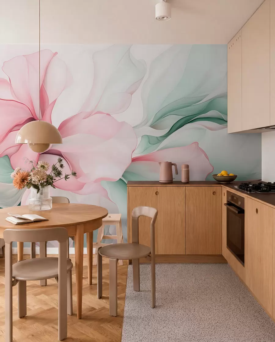 Fotobehang Vloeiende abstracte bloemblaadjes doorschijnende en gelaagde vormen in pastelkleuren, in roze en groene tinten w08701v1