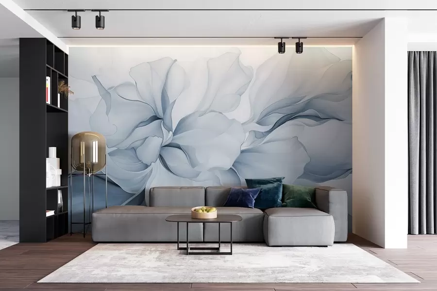 Fotobehang Vloeiende abstracte bloemblaadjes doorschijnende en gelaagde vormen in pastelkleuren, in blauwtinten w08701v2
