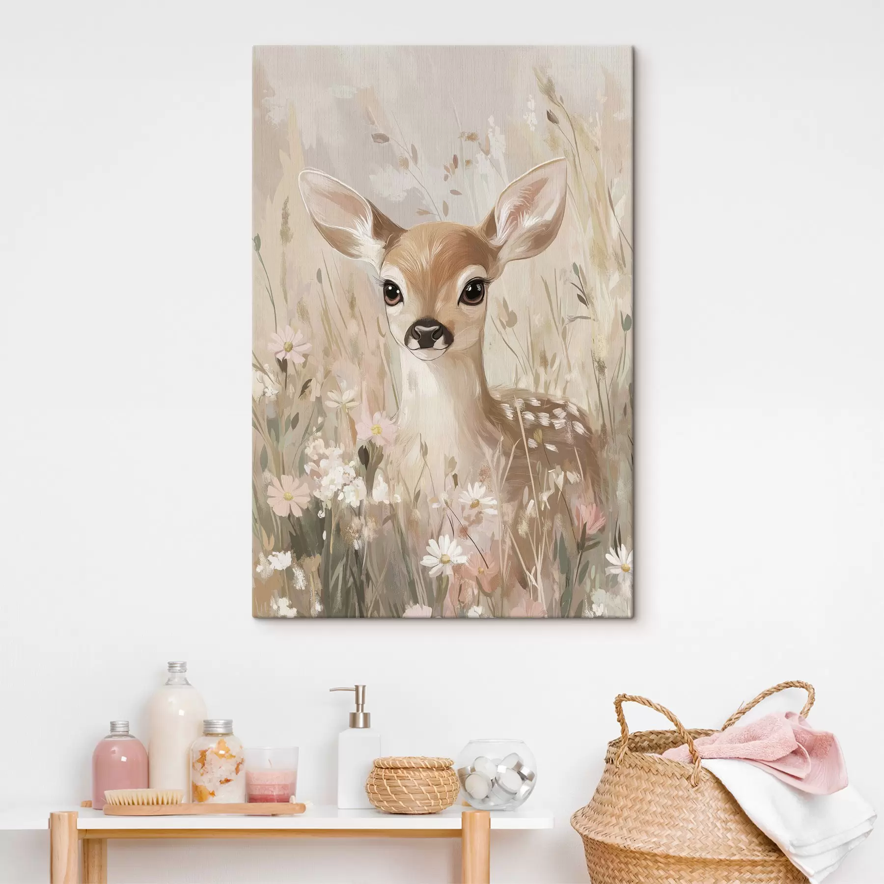  Schilderijen Klein hertje in de zomerweide, tekening in acrylstijl, pastelroze en beige kleuren s42781