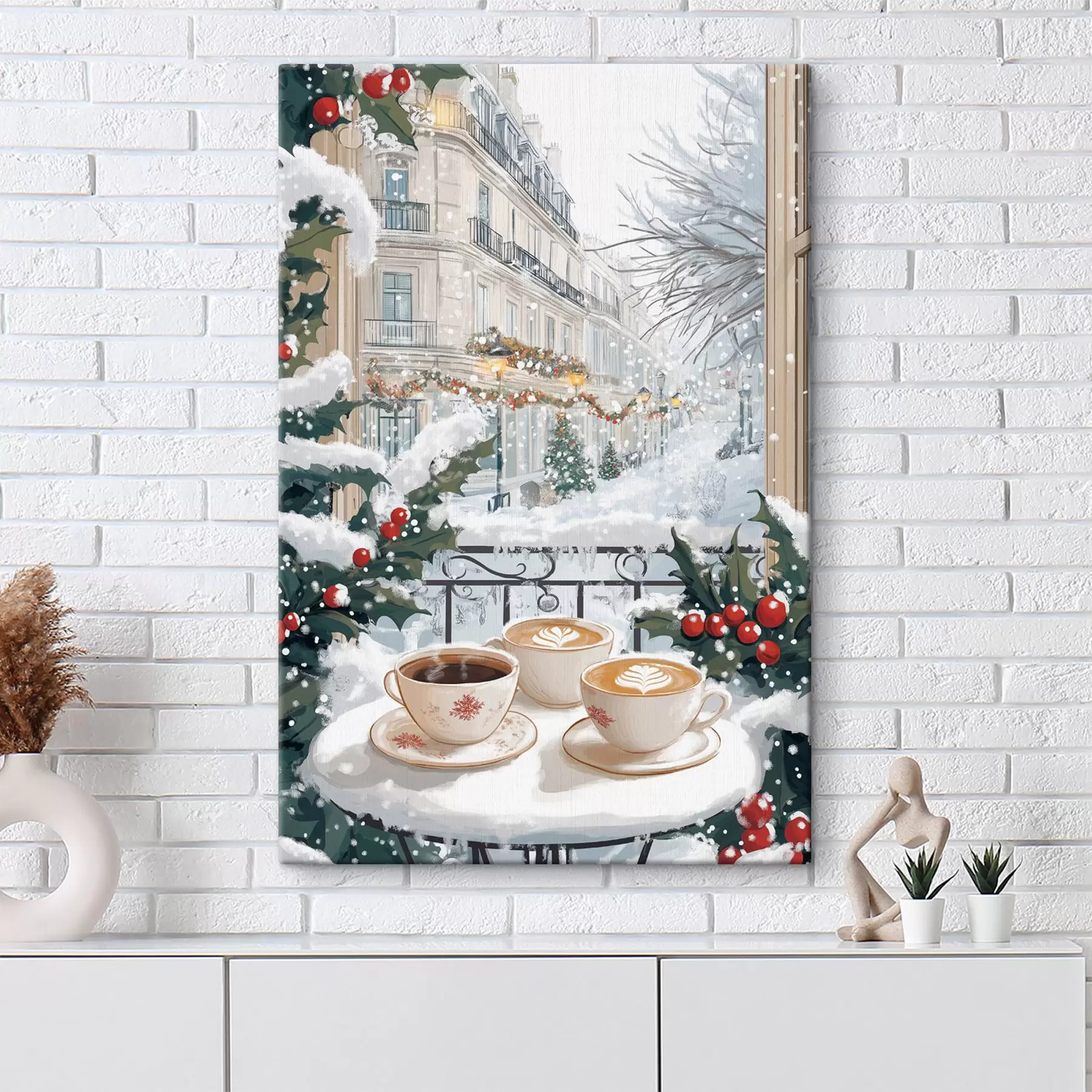  Schilderijen Winterse esthetiek, kopjes koffie, restaurant, stadsstraat s42794