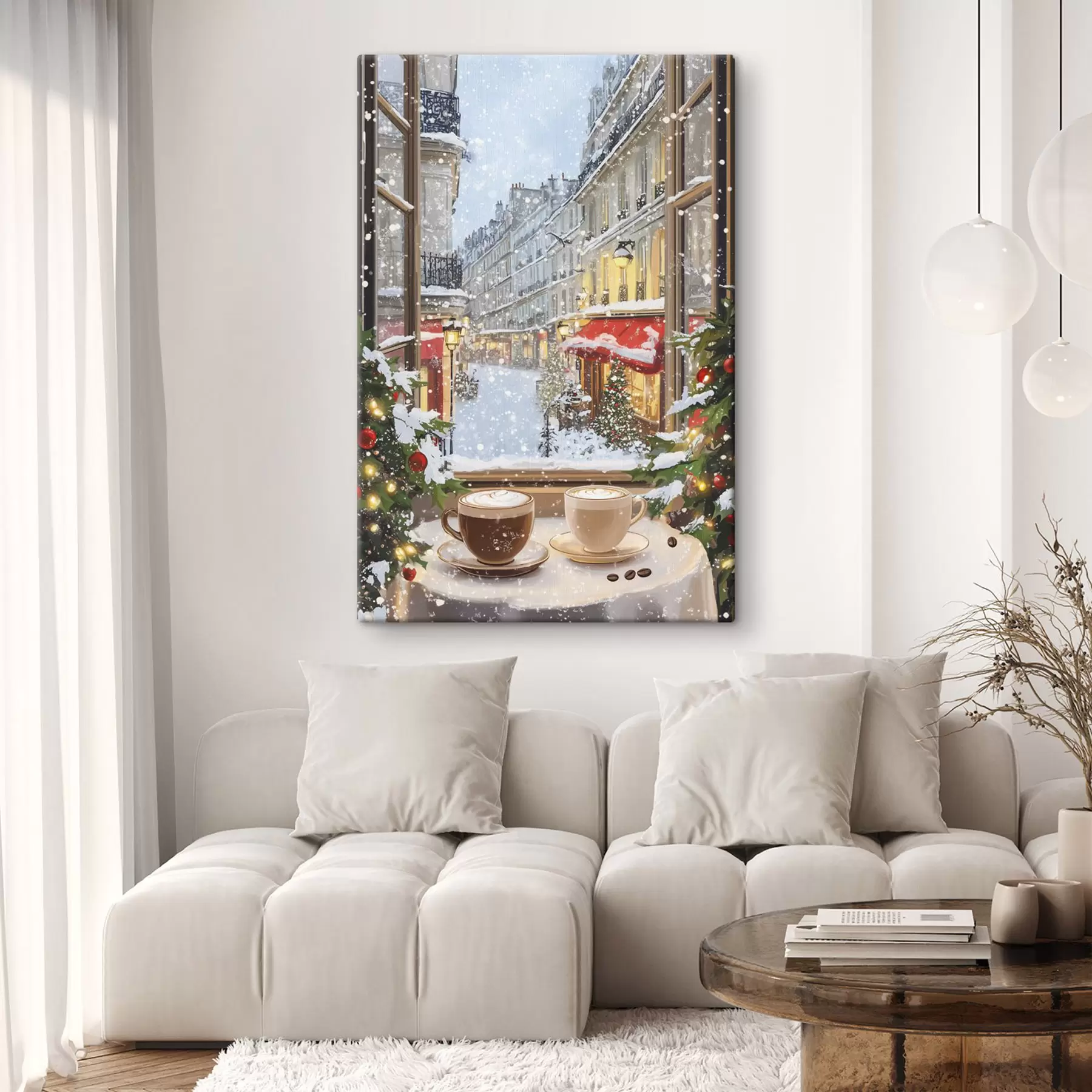  Schilderijen Gezellig wintercafé, kopjes koffie, acrylstijl, oude stadsarchitectuur  s42795
