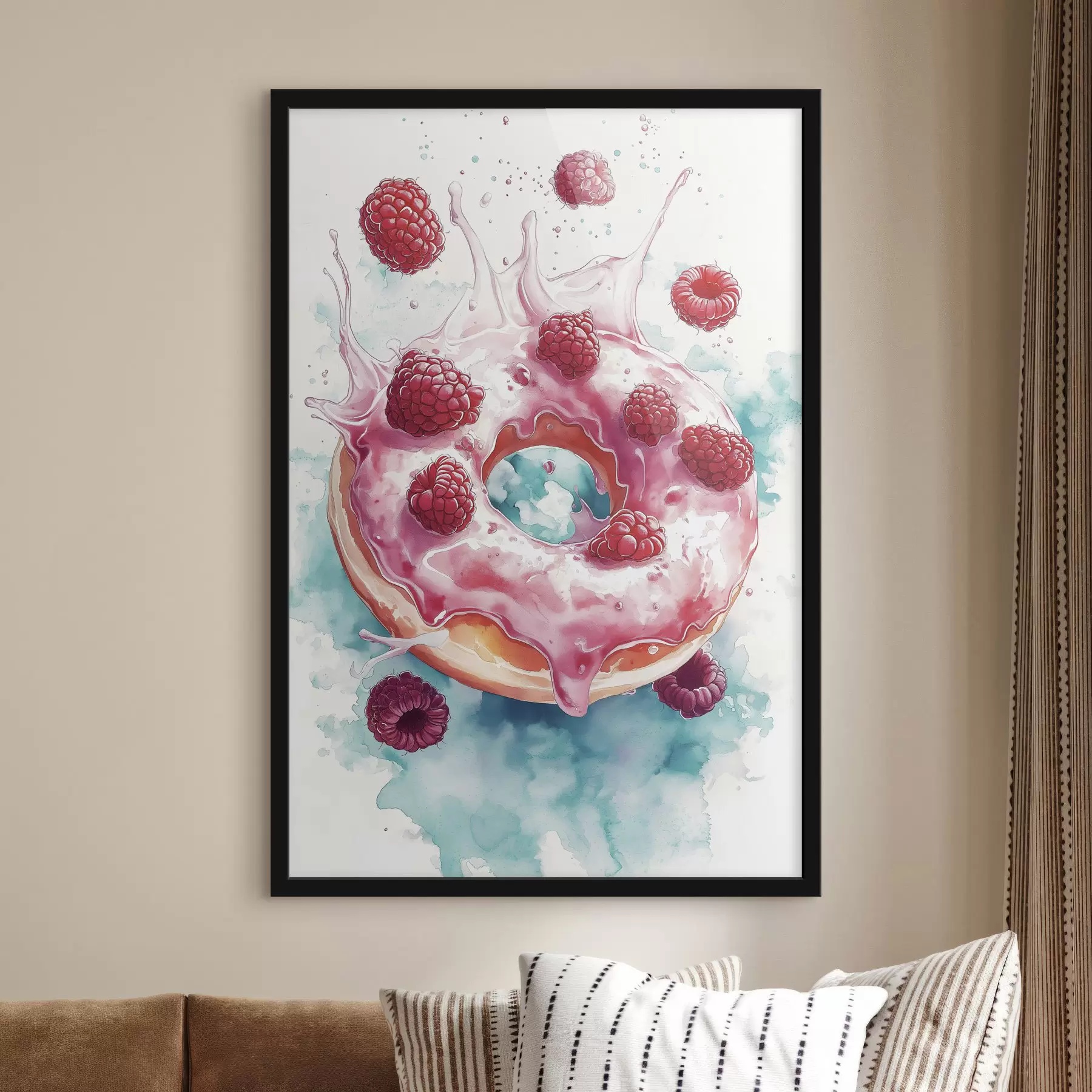 Fotobehang Aquarel donut met frambozen, roze en blauwe kleuren f42787