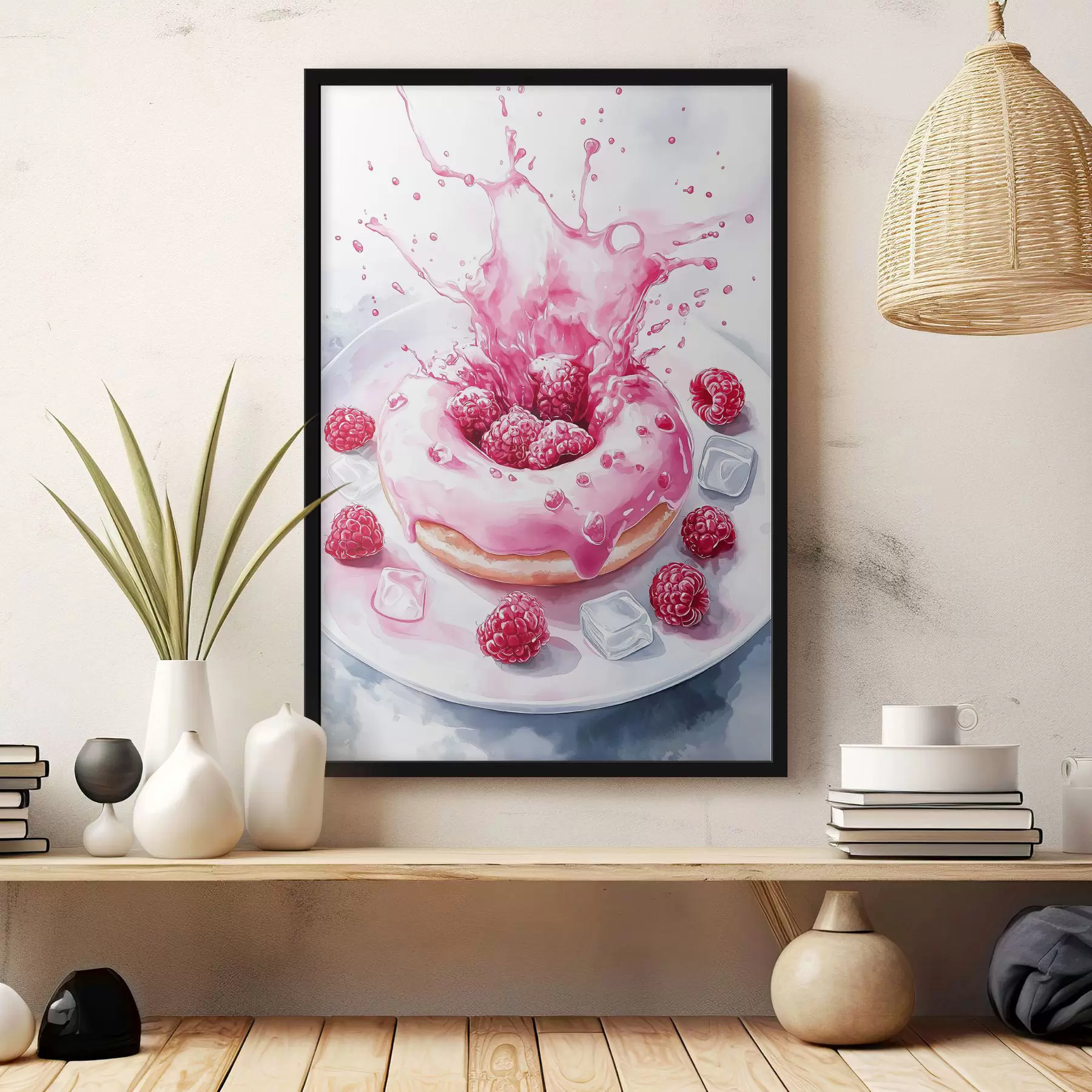  Schilderijen Heerlijke donut op het bord, sprankelende room, frambozen, ijs f42788