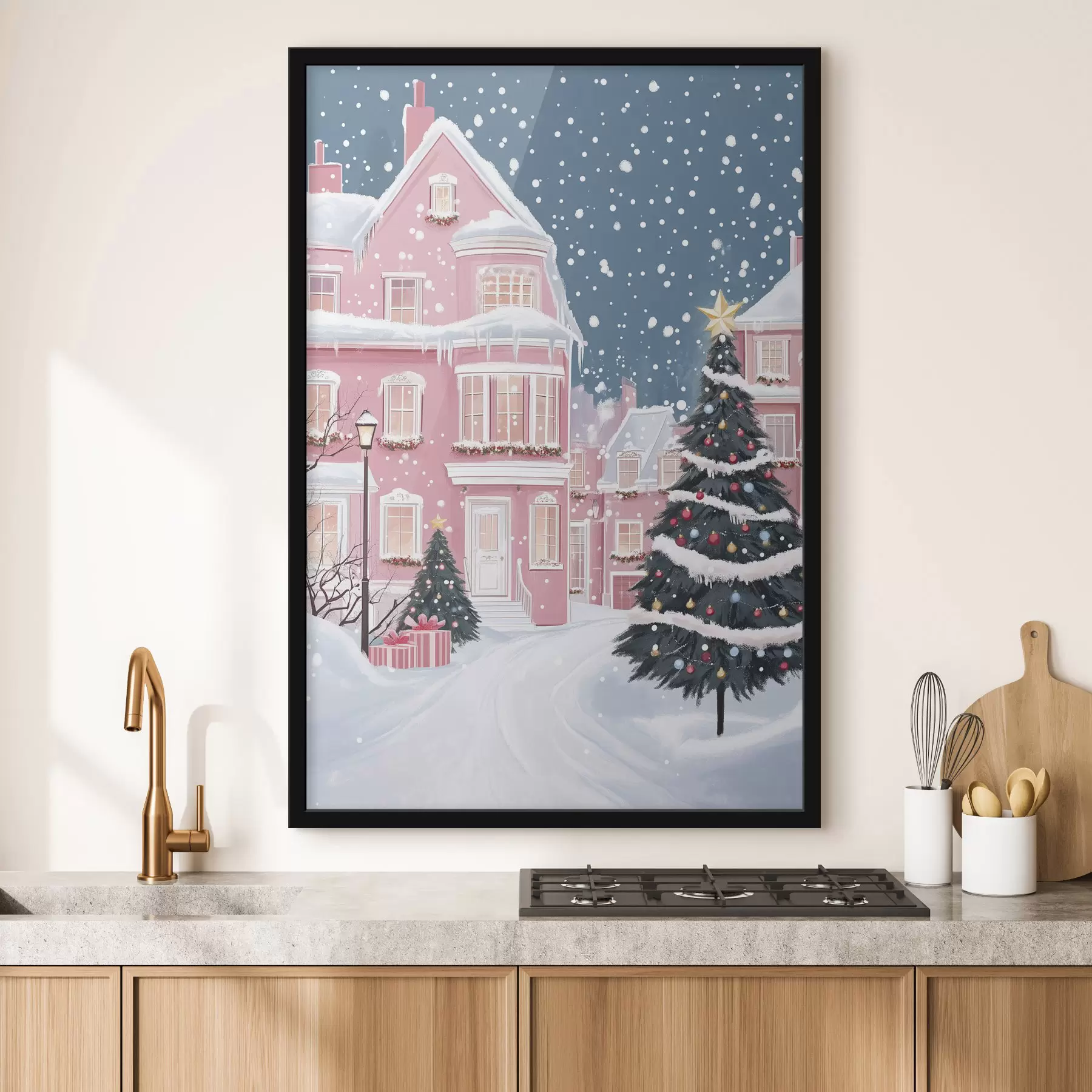 Fotobehang Winterstad met roze huizen, kerstbomen, sneeuwvlokken f42792