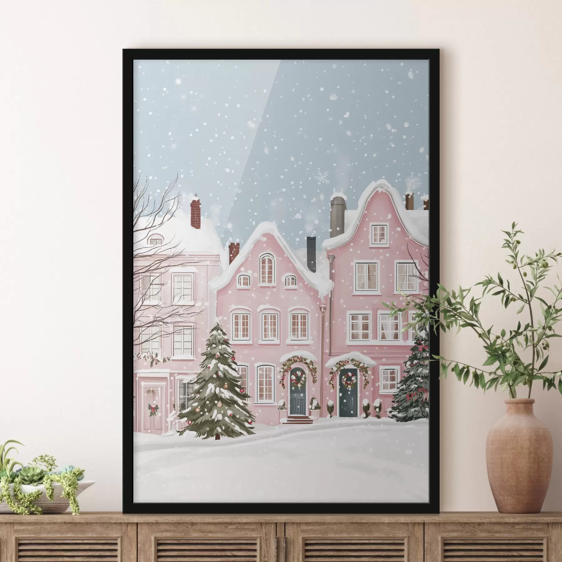 Fotobehang Mooie stad met schattige roze huizen, winterse esthetiek, sneeuwvlokken f42793