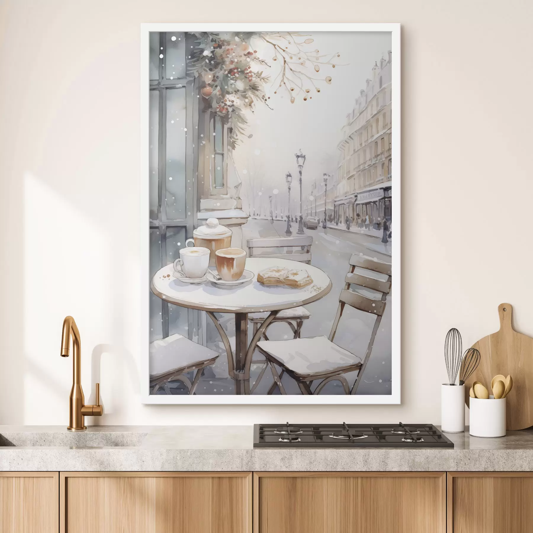 Fotobehang Esthetisch straatcafé, Frankrijk, verse bakkerij, aquarel stijl tekening f42798