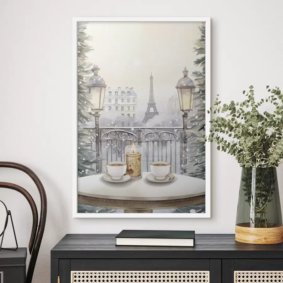 Fotobehang Mooi café in Parijs, theekopjes, romantisch uitzicht, winter, aquarel stijl f42799