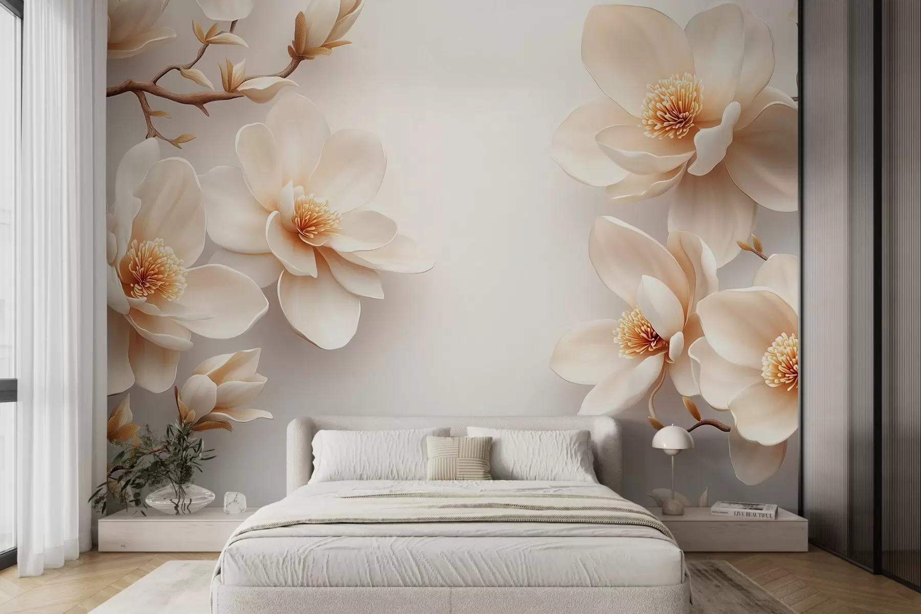 Fotobehang Mooie bloeiende crèmekleurige magnolia bloemen op een witte achtergrond w08704