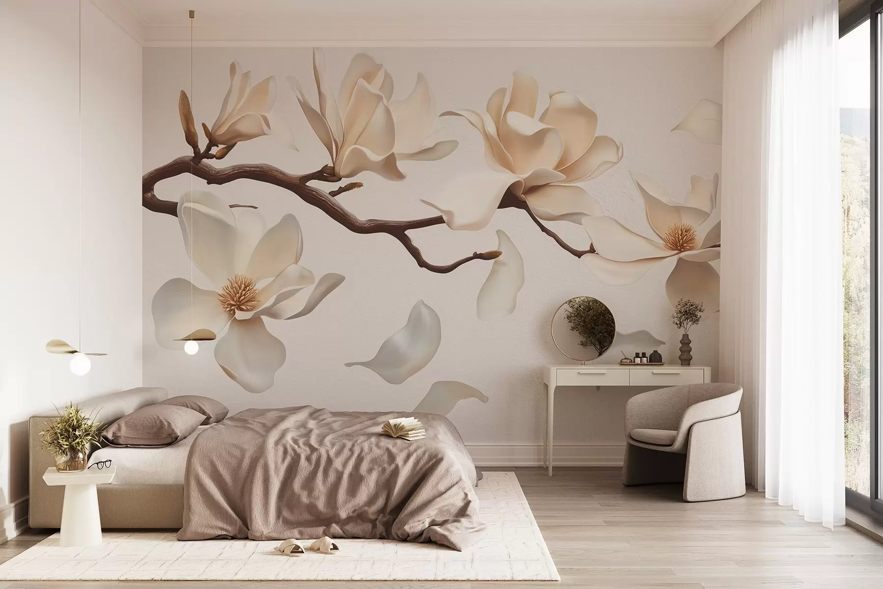 Fotobehang Een boomtak met delicate magnolia bloesems en vallende bloemblaadjes w08706