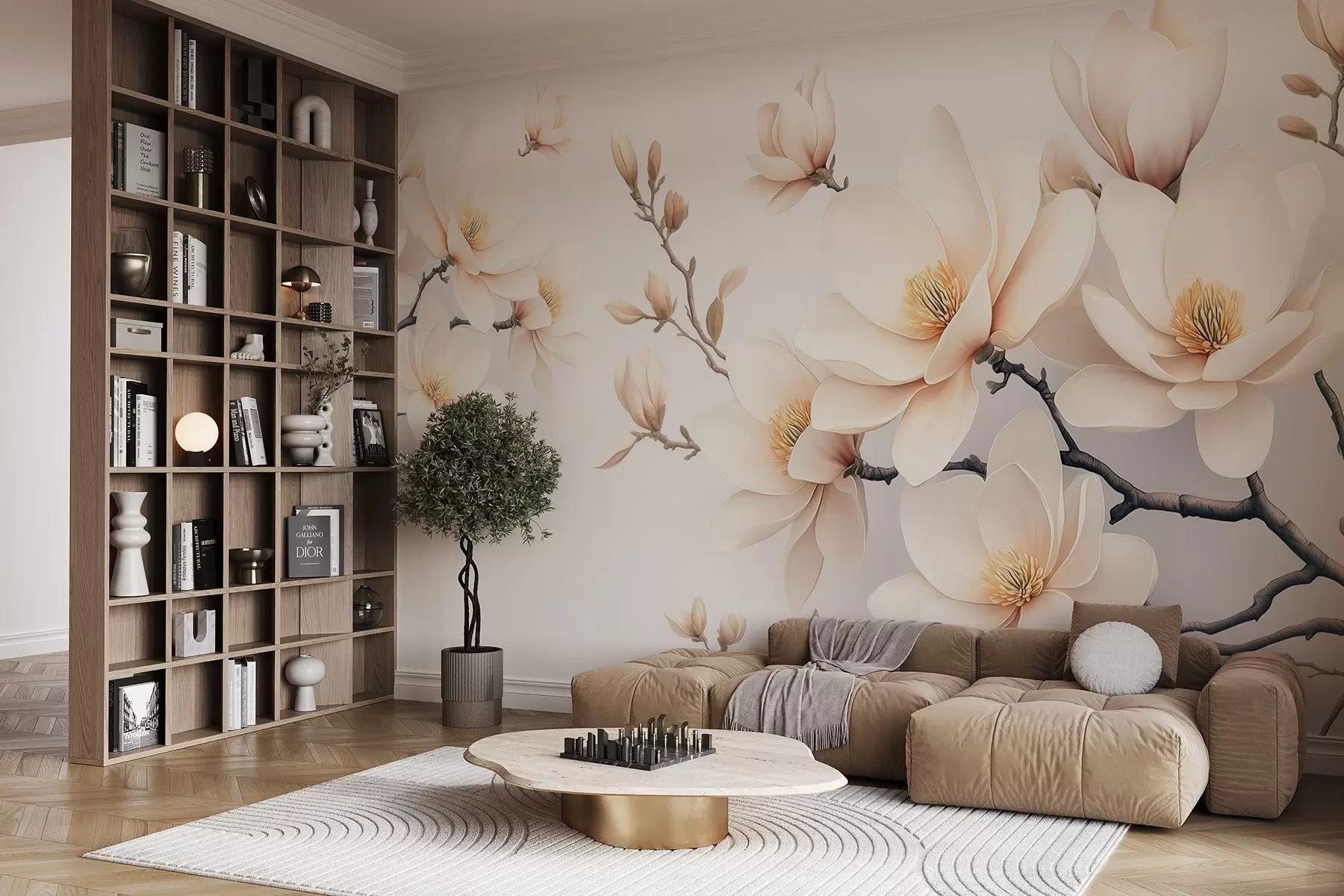 Fotobehang Mooie bloeiende crèmekleurige magnolia bloemen op een witte achtergrond w08721