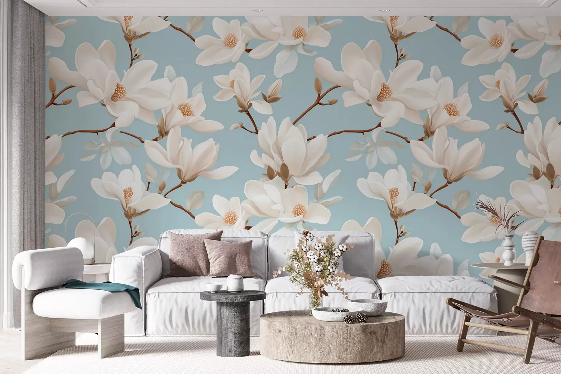 Fotobehang Patroon van witte magnolia bloemen, pastelblauwe achtergrond, witte bladeren en takken w08726