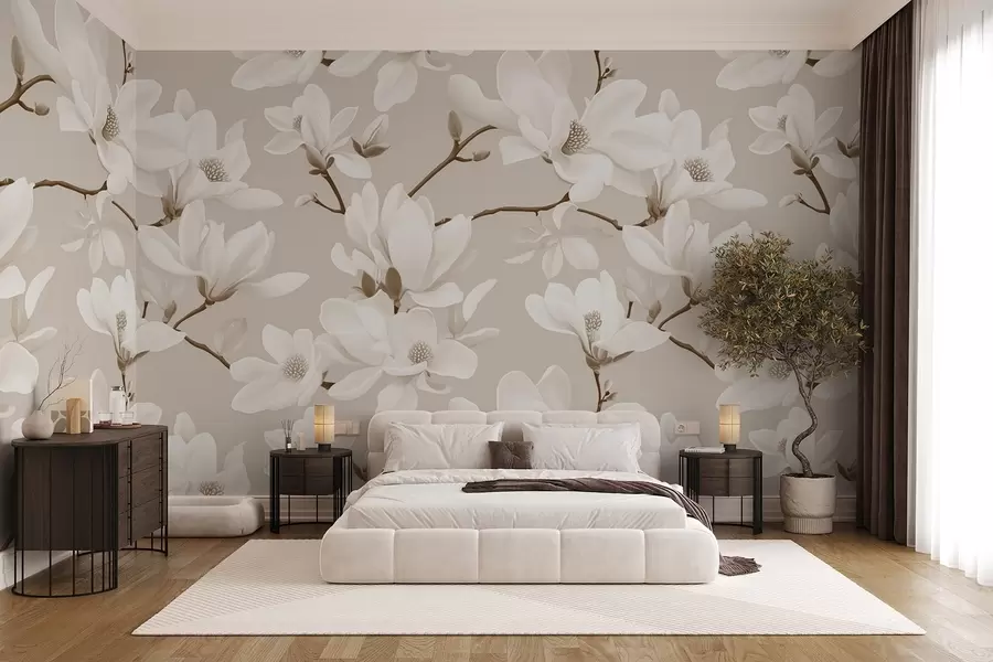 Fotobehang Patroon van witte magnolia bloemen, in beige tinten, witte bladeren en takken w08726v1