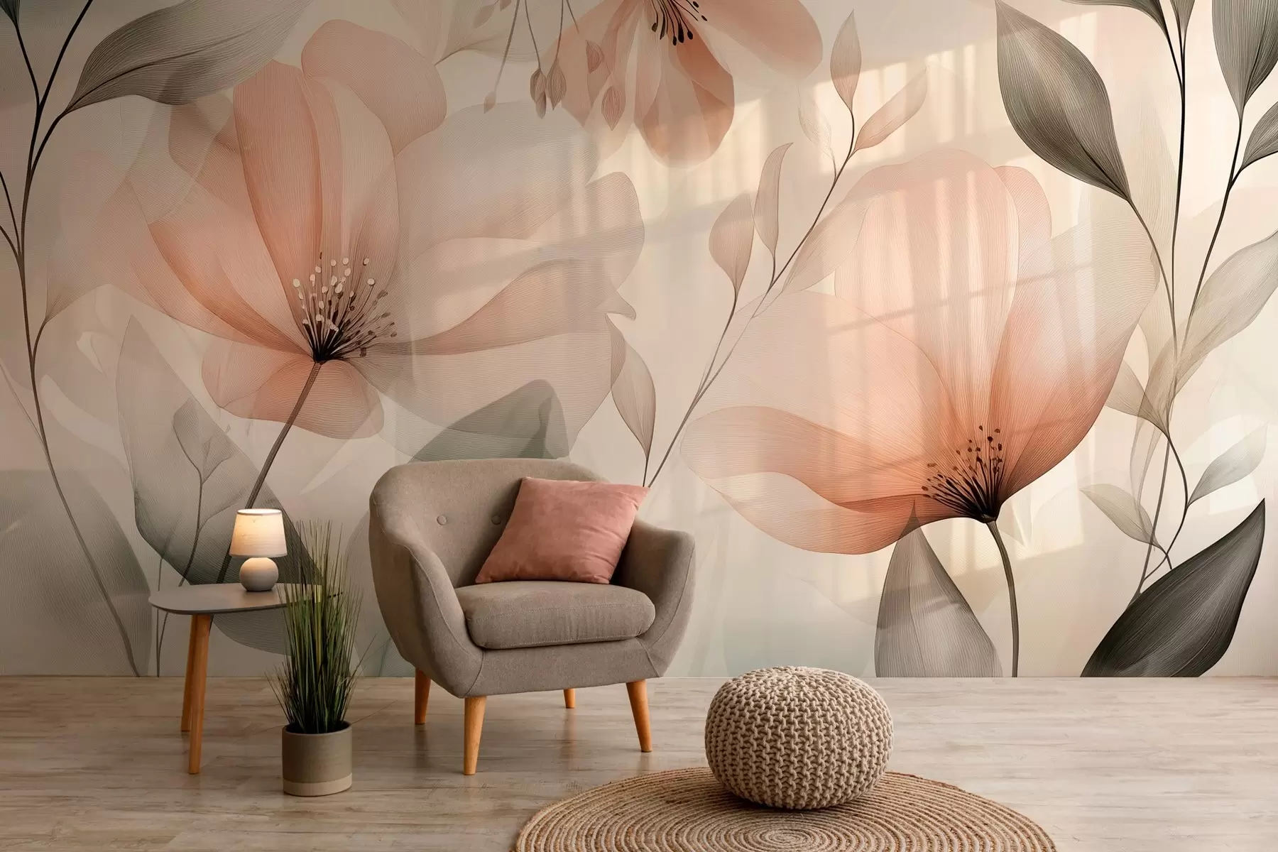 Fotobehang delicate luchtige bloemen in warme aardetinten w03010