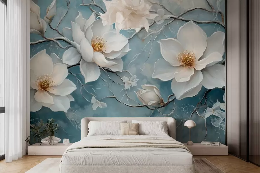 Fotobehang Frosty witte bloemen op een blauwe achtergrond in de stijl van olieverfschilderij w03018