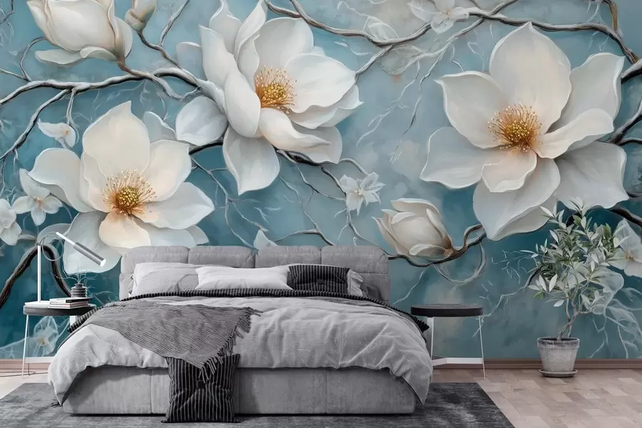 Fotobehang Frosty witte bloemen op een blauwe achtergrond in de stijl van olieverfschilderij w03018