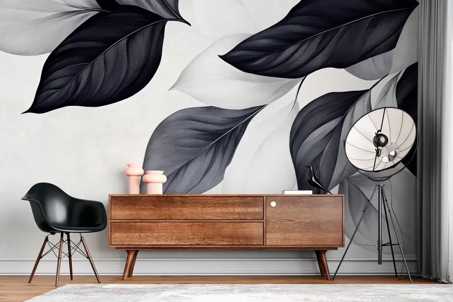 Fotobehang Grafische zwart-witte bladeren w03020