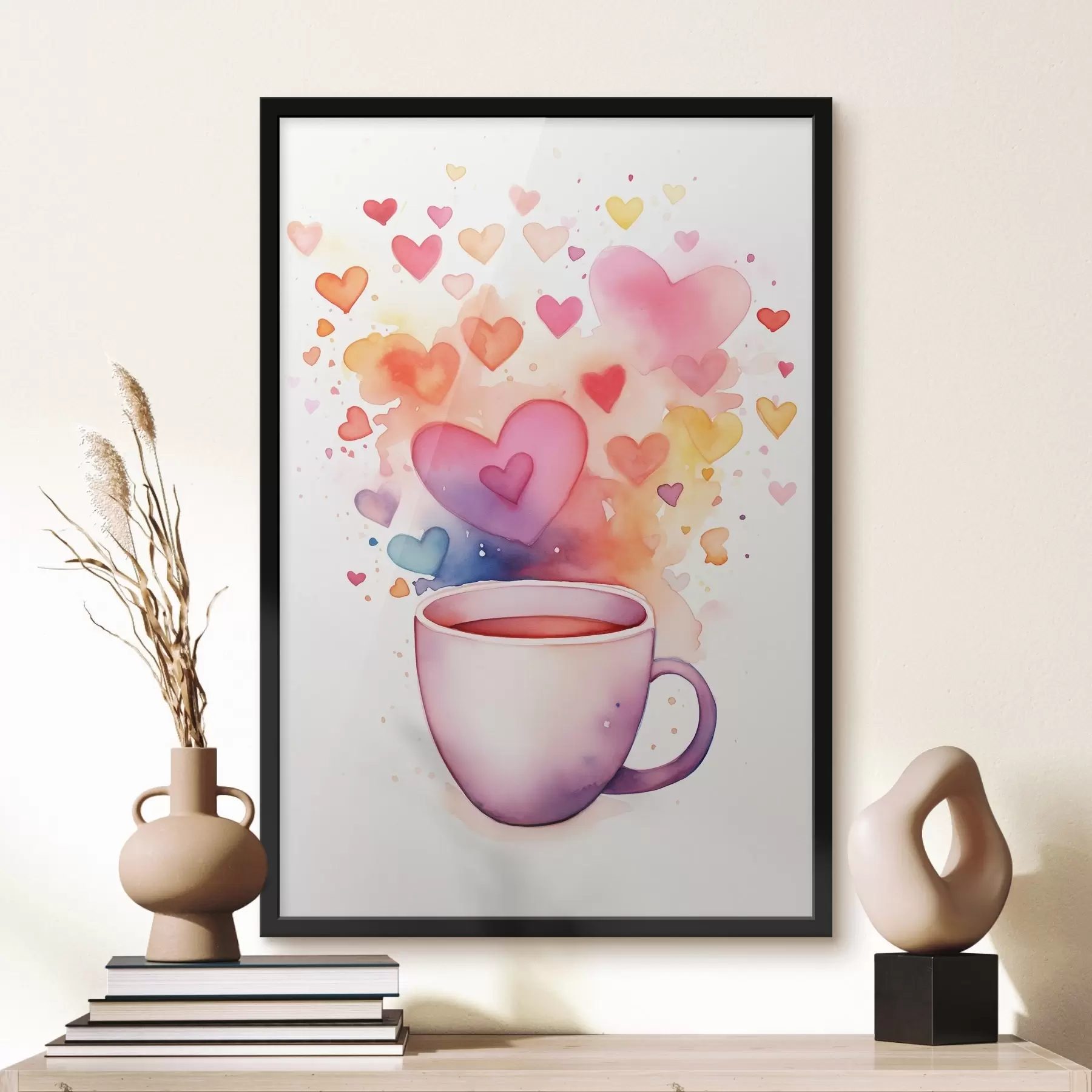 Fotobehang Een kopje op een achtergrond van aquarel harten f42869