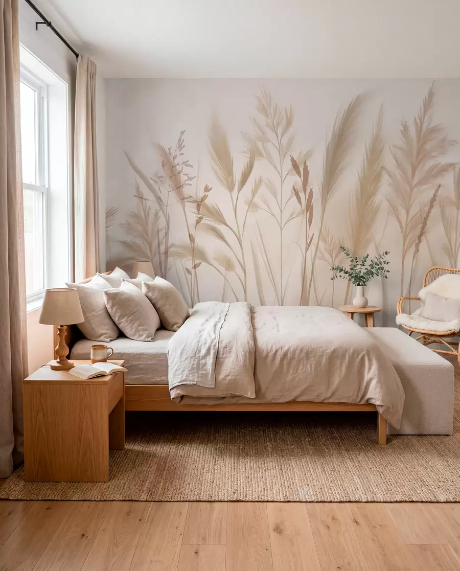 Fotobehang Hoge, delicate grassen, aartjes en planten in zachte beige en crèmetinten, tegen een lichte onscherpe achtergrond w08736