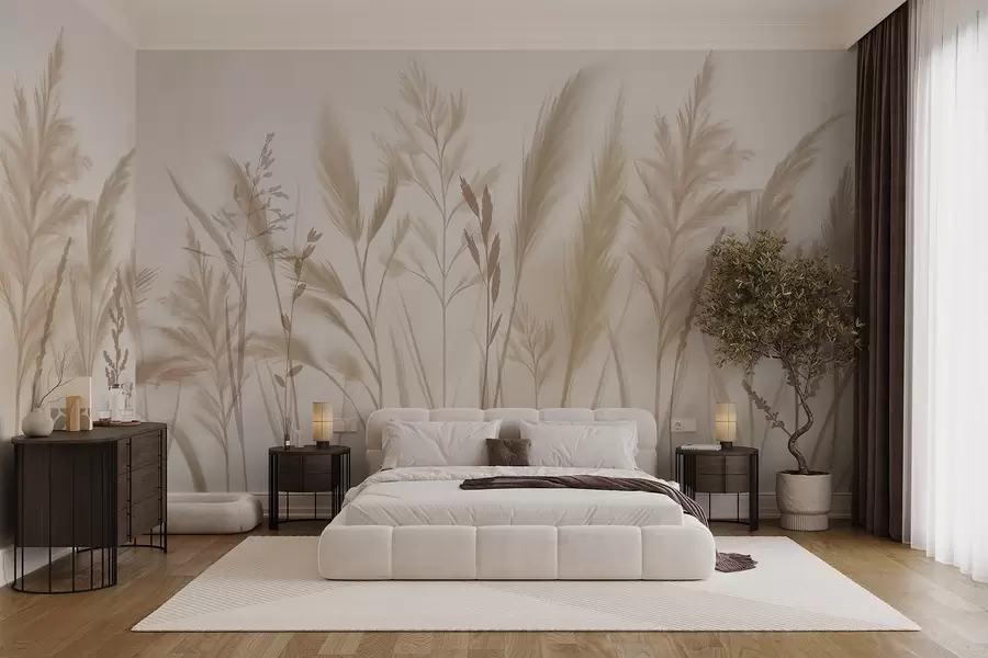 Fotobehang Hoge, delicate grassen, aartjes en planten in zachte beige en crèmetinten, tegen een lichte onscherpe achtergrond w08736