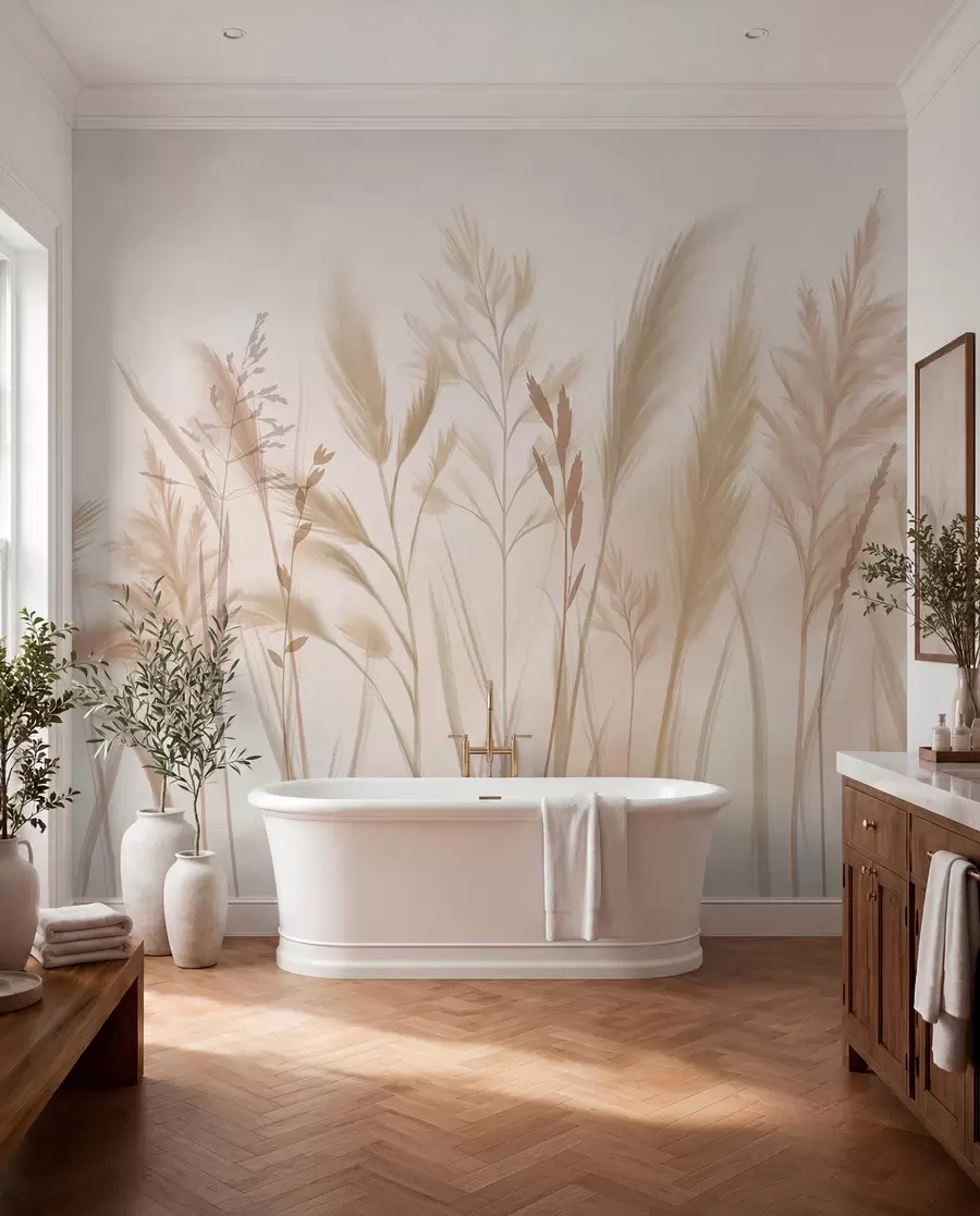 Fotobehang Hoge, delicate grassen, aartjes en planten in zachte beige en crèmetinten, tegen een lichte onscherpe achtergrond w08736