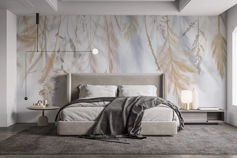 Fotobehang Delicate grassen, aartjes en planten in pasteltinten, gerangschikt in een cascadeprint tegen een bleke achtergrond w08737