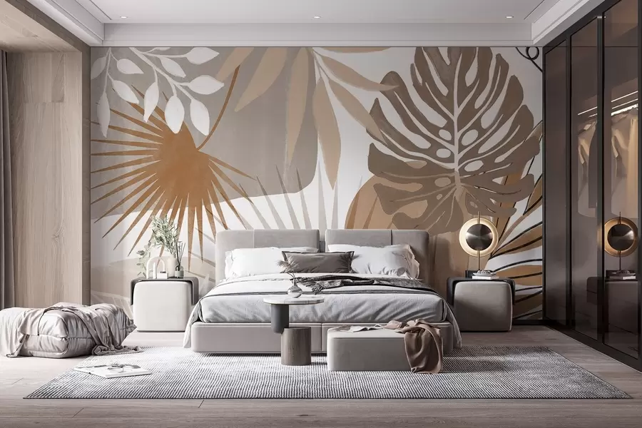 Fotobehang Abstract ontwerp met verschillende tropische bladeren in aardetinten bruin, beige en crème  w08738