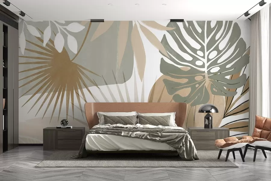 Fotobehang Abstract ontwerp met verschillende tropische bladeren in aardetinten van groen, beige en crème  w08738v1