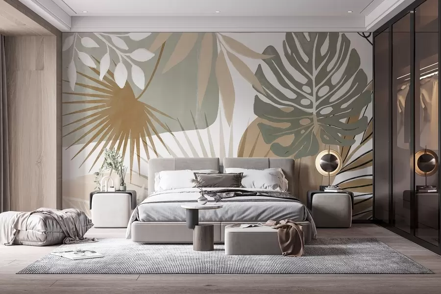 Fotobehang Abstract ontwerp met verschillende tropische bladeren in aardetinten van groen, beige en crème  w08738v1