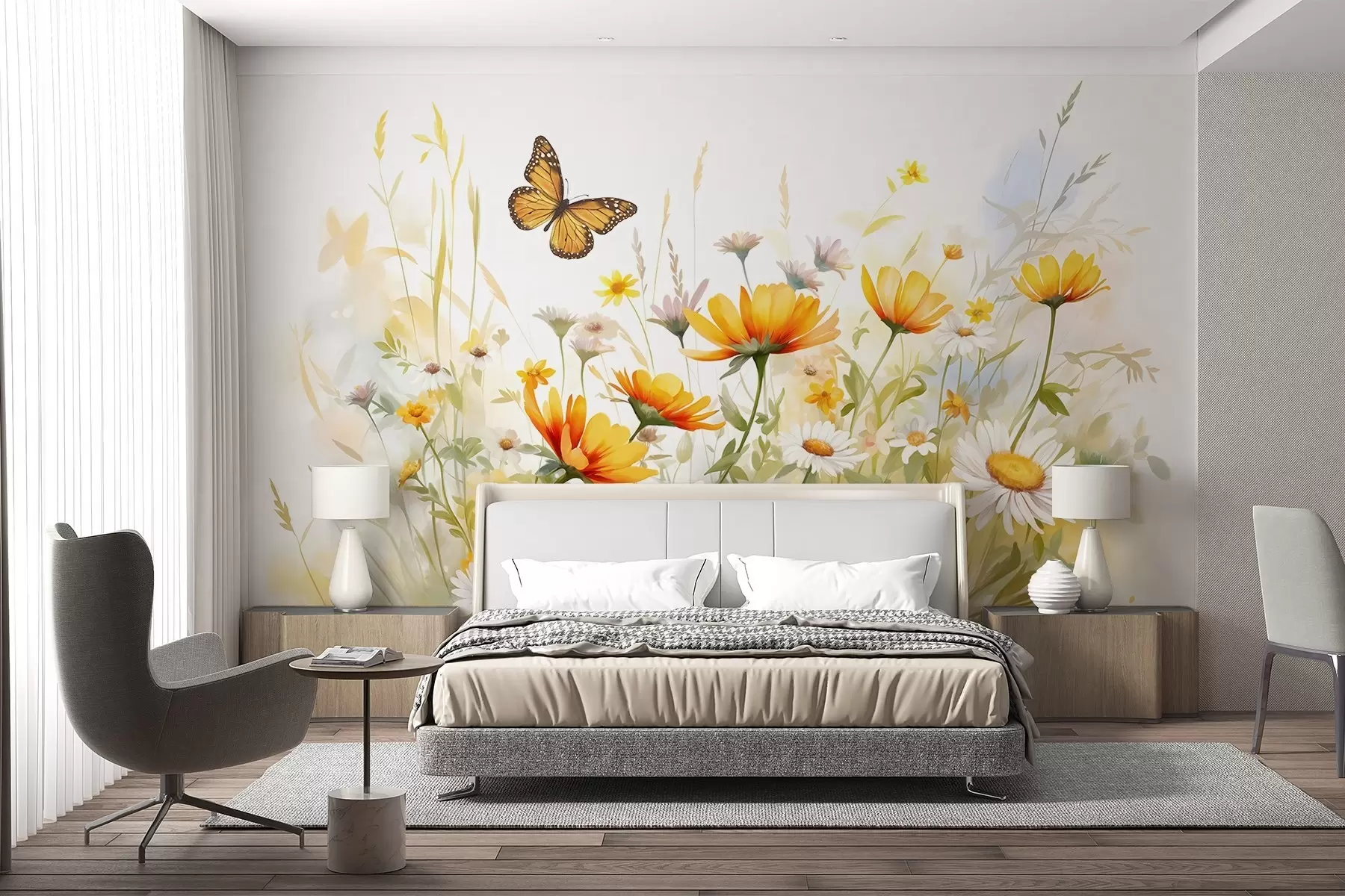 Fotobehang Een levendig aquarelachtig bloemenveld met oranje en gele bloemen met een vlinder boven de bloemen w08739