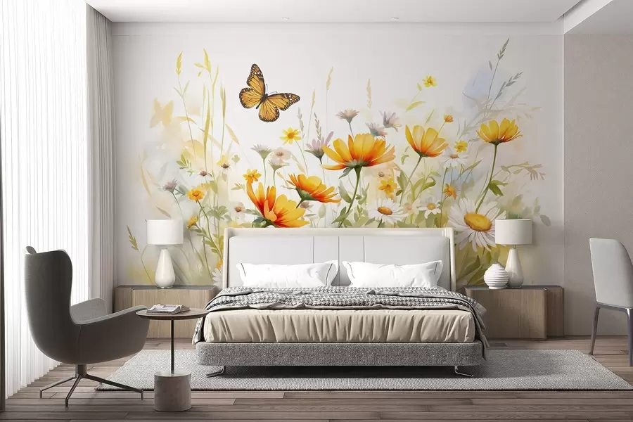 Fotobehang Een levendig aquarelachtig bloemenveld met oranje en gele bloemen met een vlinder boven de bloemen w08739