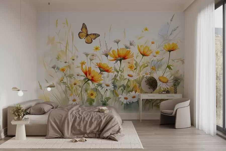 Fotobehang Een levendig aquarelachtig bloemenveld met oranje en gele bloemen met een vlinder boven de bloemen w08739