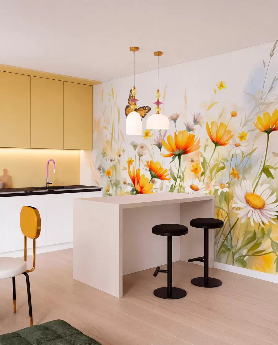 Fotobehang Een levendig aquarelachtig bloemenveld met oranje en gele bloemen met een vlinder boven de bloemen w08739