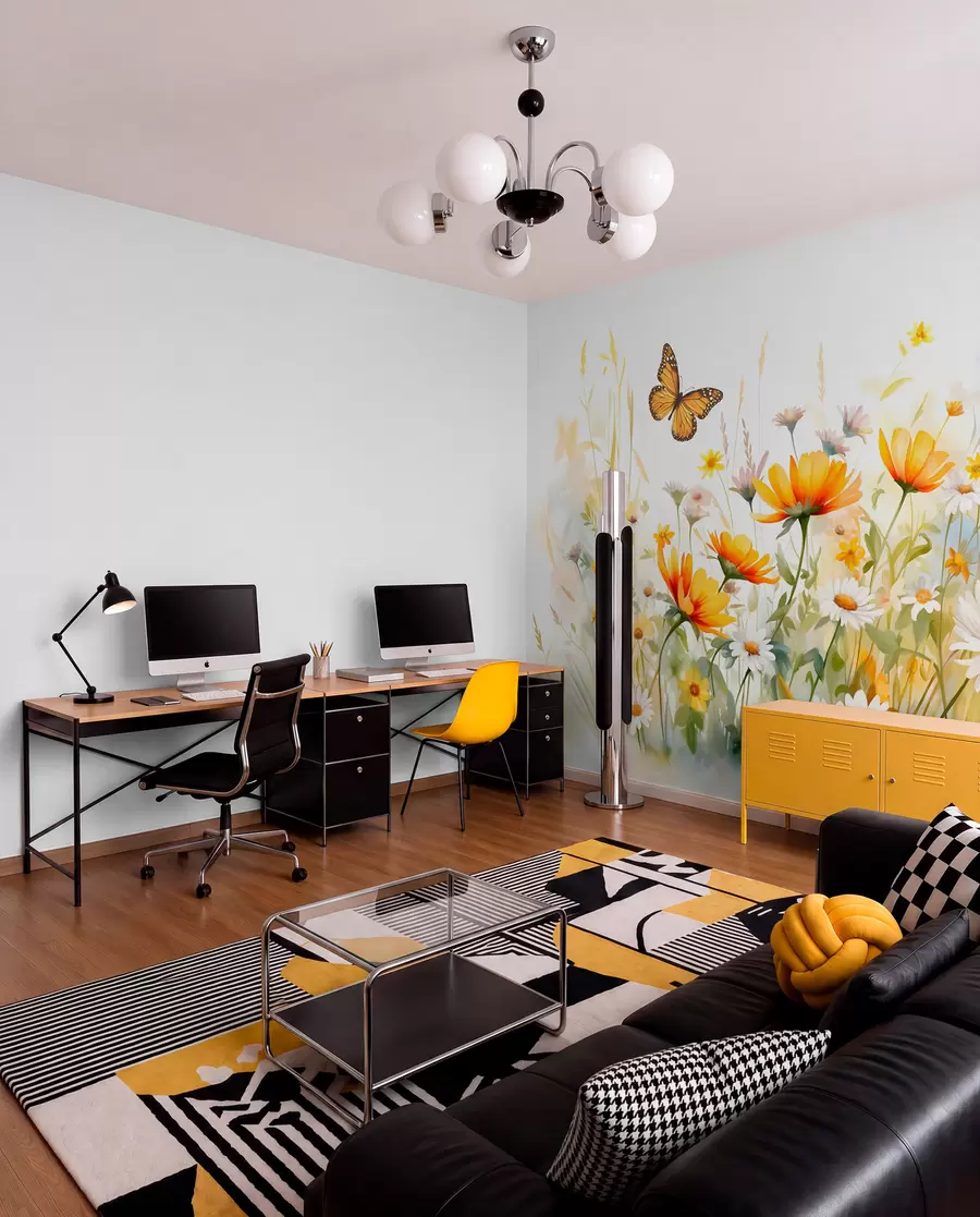 Fotobehang Een levendig aquarelachtig bloemenveld met oranje en gele bloemen met een vlinder boven de bloemen w08739