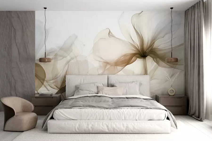 Fotobehang Bruine abstracte bloemen met zachte, doorschijnende bloemblaadjes en fijne details, tegen een witte achtergrond w08742v1