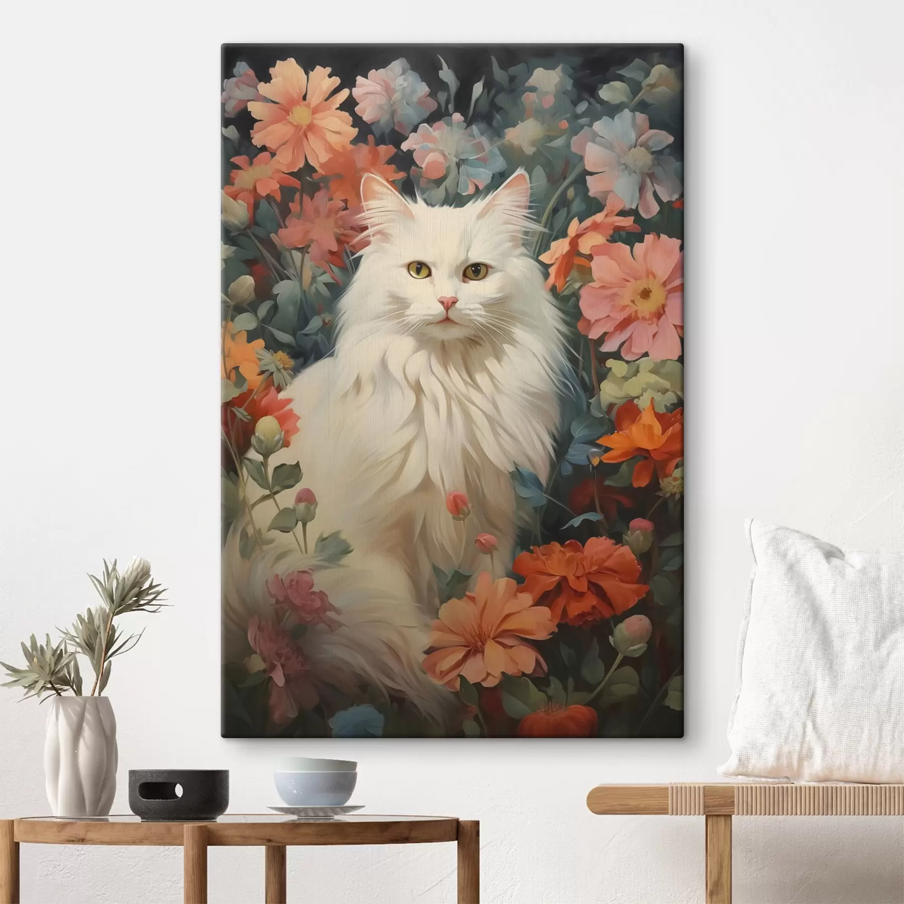  Schilderijen Witte kat in bloemen s42905